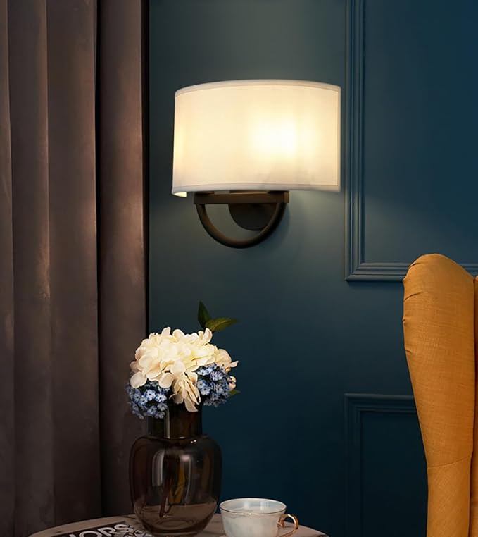 Industrial 2-Lights Wall Sconce Fixture with White Fabric Shade, Double Arm Wall Light Lamps Decor for Hallway Bedroom Living Room Bathroom Stairway