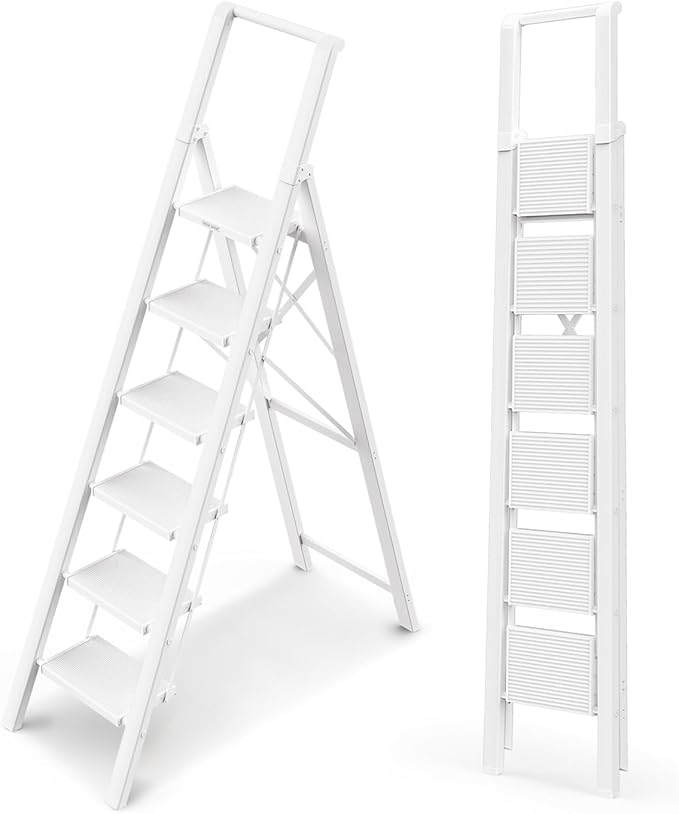 WOA WOA 6 Step Ladder, Lightweight Folding ladders with Wide Pedals, Slim Stepladder for Narrow Spaces, Tall Ladder for High Ceilings with Handrails, Kitchen Aluminum Ladder 300lbs - White