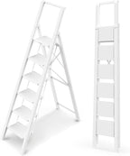 WOA WOA 6 Step Ladder, Lightweight Folding ladders with Wide Pedals, Slim Stepladder for Narrow Spaces, Tall Ladder for High Ceilings with Handrails, Kitchen Aluminum Ladder 300lbs - White