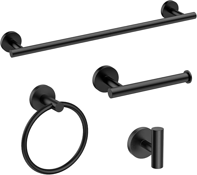 USHOWER Matte Black Bathroom Hardware Set, Modern 18-Inch Towel Bar Set Wall Mounted, Durable SUS304 Stainless Steel Bathroom Accessories Set, 4-Piece