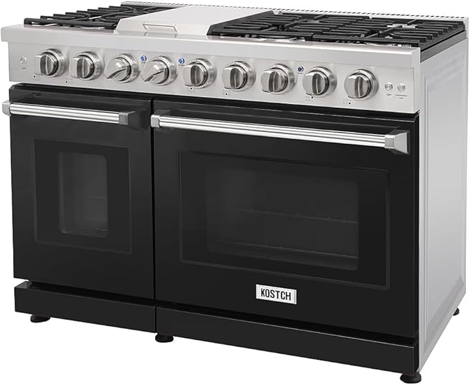 48 inch Pro-Style Natural Gas Range or Liquid Propane Gas Range with 6 Burners & 1 Griddle Cooktop, Double 4.6 cu. ft. and 2.2 cu. ft. Oven, in Stainless Steel - KOS-48RG03M (Black)