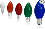 25 Pack C7 Multicolor Ceramic Christmas Lights Replacement Bulbs, 5W E12 Candelabra Base Incandescent Bulbs for Outdoor String Lights Xmas Tree Patio Holiday Party Decor