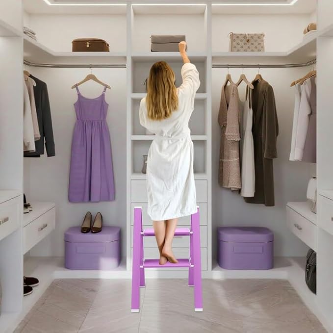2 Step Lightweight Folding Ladder for Home, 330lbs Aluminum Step Ladder Anti-Slip for Kitchen, Step Stool Foldable Adults for Closet, 330lbs - Light Purple