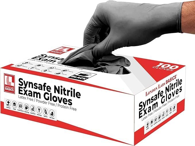 Synsafe 4 Mil - Black Nitrile Exam Gloves –Disposable Latex Free & Powder Free – Extra Strong, Rubber Gloves – First Aid Kit, Medical, EMT, Cleaning, Cooking | Pack of (100 ct)