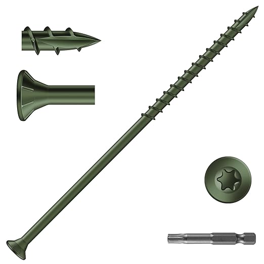 #14 x 7 Inch Deck Screws (19Pcs) 1lb. Exterior Wood Screws. Carbon Steel, Green, Flat Head, Rust Resistant epoxy Coated, with T30 Star Bit