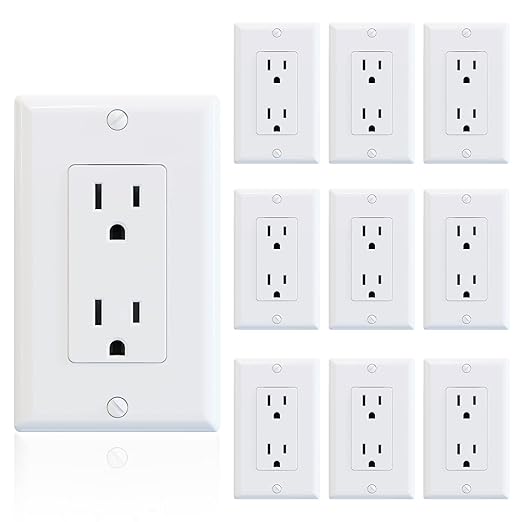 ELEGRP Decorator Receptacle, 15A 125V Standard Electrical Wall Outlet, 2 Pole 3 Wire, Non-Tamper Resistant, NEMA 5-15R, Self-Grounding Residential Grade, w/Wall Plate, UL (Glossy White, 10 Pack)