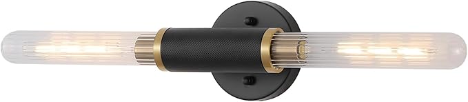 Modern Wall Sconces 24" Knurled Texture Cylinder Bathroom Vanity Lights Fixtures with Clear Striped Glass Shade 2-Lights Brushed Brass Gold Black Indoor Wall Lighting for Bedroom Hallway