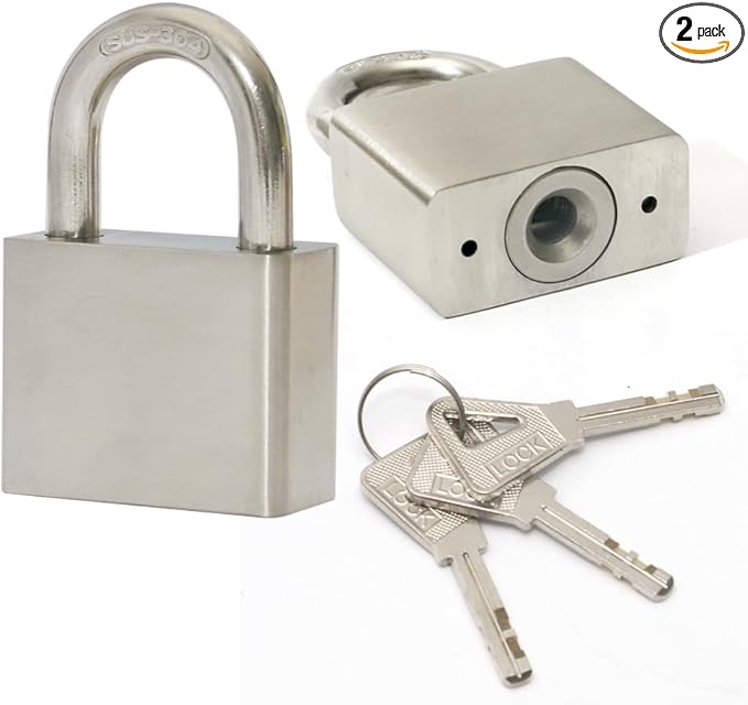 LanuBe 304 Stainless Steel keyed Alike Marine Small Padlocks for Outdoor use, 1-9/16 inch Wide Body, Stainless Steel Body, Normal Shackle, Pack of 2