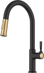 KRAUS Torak Pull Down Kitchen Faucet in Spot-Free Brushed Brass/Matte Black with 2 Function Sprayer, Pre-Attached Water Lines, and Mounting Hardware, KPF-2840SFBBMB