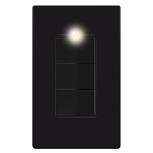 LIDER Minimalist Design Matte Finish Lighted Triple Switch with Screwless Wall Plate, Combination Frameless Decorator Switch with Locator Light, Ground Terminal Single Pole, 15A 120V, UL Listed, Black