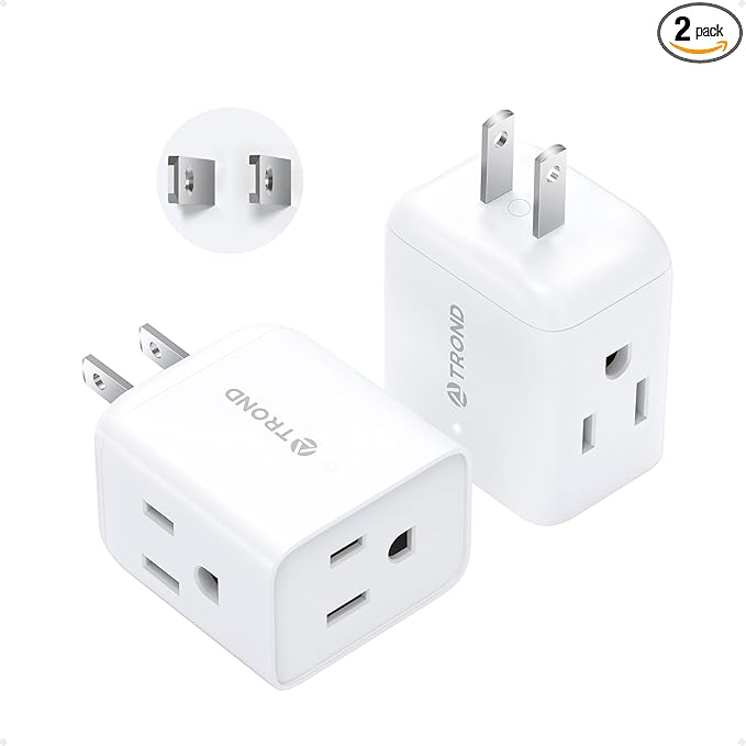 TROND 2 Prong to 3 Prong Outlet Adapter, Multi Plug Wall Outlet Extender, 3 Way Plug Splitter, Horizontal Wall Expander for Non-grounded Socket for Old Home Office Hotel Cruise Travel, 2 Pack, White