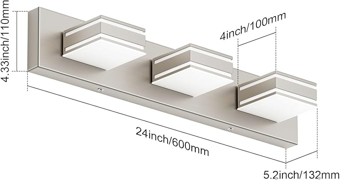 Ralbay 24inch Brushed Nickel Bathroom Vanity Lights 3-Light Metal Acrylic LED Modern Bathroom Wall Lighting Fixtures