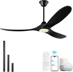 52 Inch Black Smart Ceiling Fan with Lights, Outdoor Ceiling Fan for Patio, 3 Blades Wood Ceiling Fan with Quiet Reversible DC Motor, Indoor Exterior Modern Ceiling Fan with Alexa/App/Remote Control