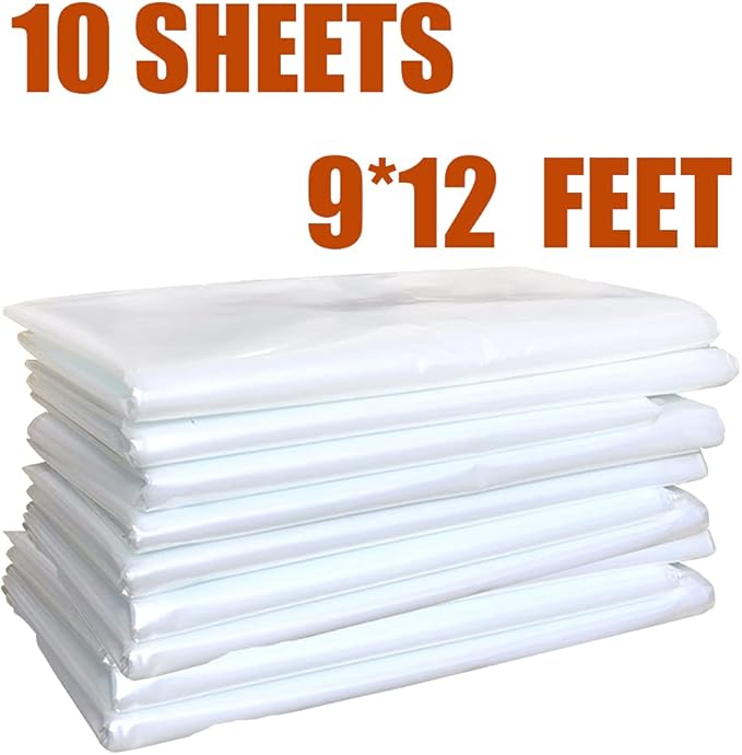 10 Pieces Plastic Drop Sheets for Painting, Waterproof and Dust-Proof Clear Cloth for Furniture Cover, 9x12 Feet Tarps