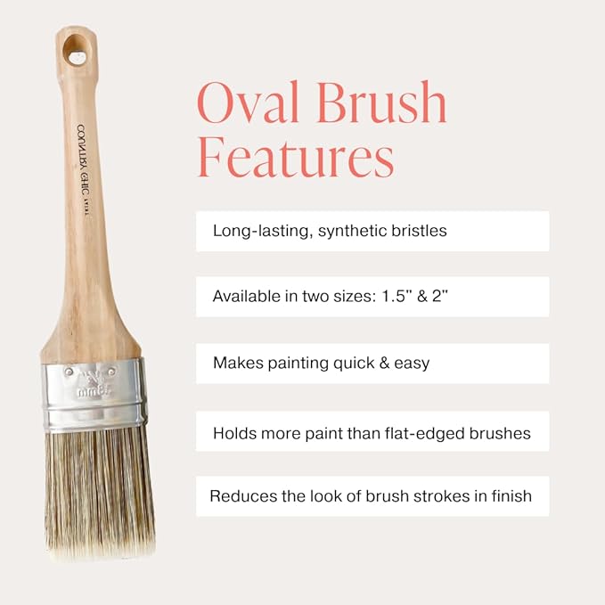 Chalk Style Paint Brush - Oval Brush with Synthetic Bristles for Smooth Furniture Paint Application with Minimal Brush Strokes, No Shedding, Vegan, Best for Water-Based Paint - 1.5"