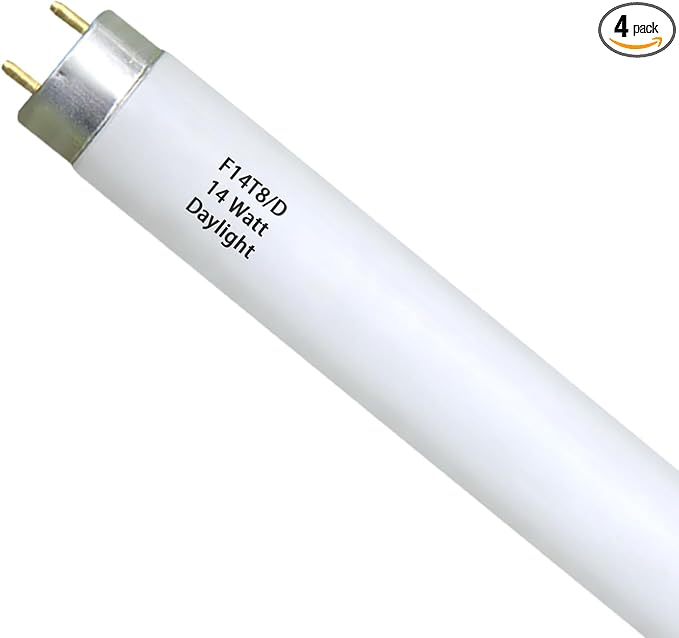 Valoisa (4PACK F14T8/D 14W 15" T8 6500K Linear Fluorescent Tube Light Bulb, 14 Watts, G13 Base, 14 3/4" MOL, 1" Dia, Daylight