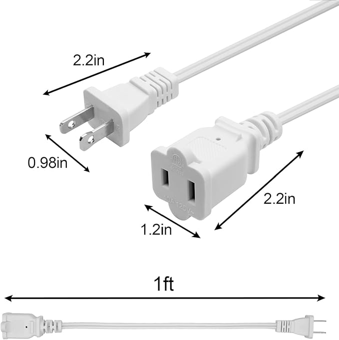 Short Extension Cord 1 FT,2 Prong White, Mini Extension Cord US Male/Female Power Cable UL Listed Perfect for Home, Office or Christmas Lights 2 Pack