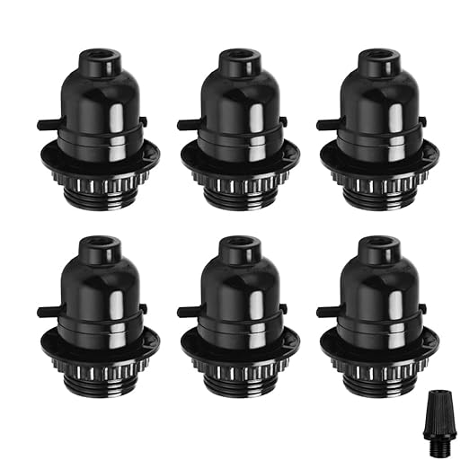 6 Pack Lamp Socket Replacement, Phenolic Medium Base Light Socket, E26 Screw Bulbs Edison Retro Pendant Lamp Holder, Lampshade Ring, 1/8 IP Thread Cap (Lamp Socket Push Off)