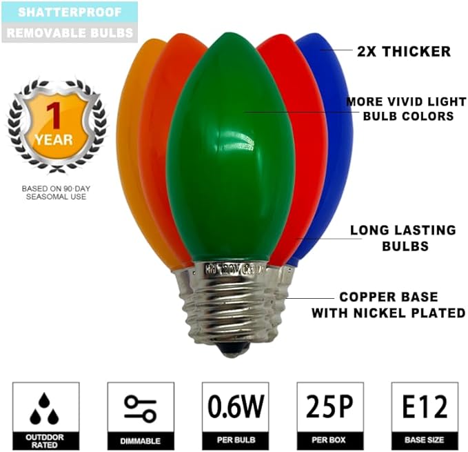 25 Pack C9 LED Replacement Christmas Light Bulbs, E17 Base Led Bulb Outdoor Christmas Lights, Waterproof Commercial Grade Holiday Decoration Replacement Bulbs for String Lights (Green)