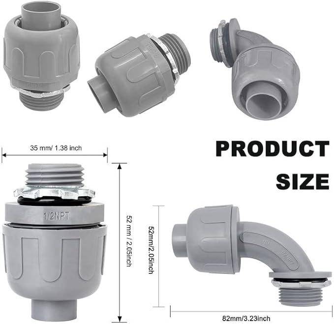 1/2 inch Liquid Tight Connector PVC Flexible Conduit Connector UL Listed Liquid Tight Conduit Fittings 10 Pack (5 pcs 180D/5 pcs 90D)