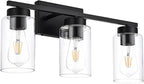 3-Light Bathroom Vanity Light, Modern Black Wall Lights with Clear Glass Shades, Bathroom Wall Sconce Lamp for Mirror Living Room Bedroom Hallway