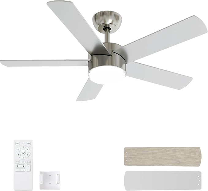 42 Inch Brushed Nickel Ceiling Fans with Lights,Ceiling Fan with Remote Control,Reversible DC Motor,3 CCT 6-Speed,Noiseless Ceiling Fan for Bedroom,Living Room,Dining Room,ETL Listed