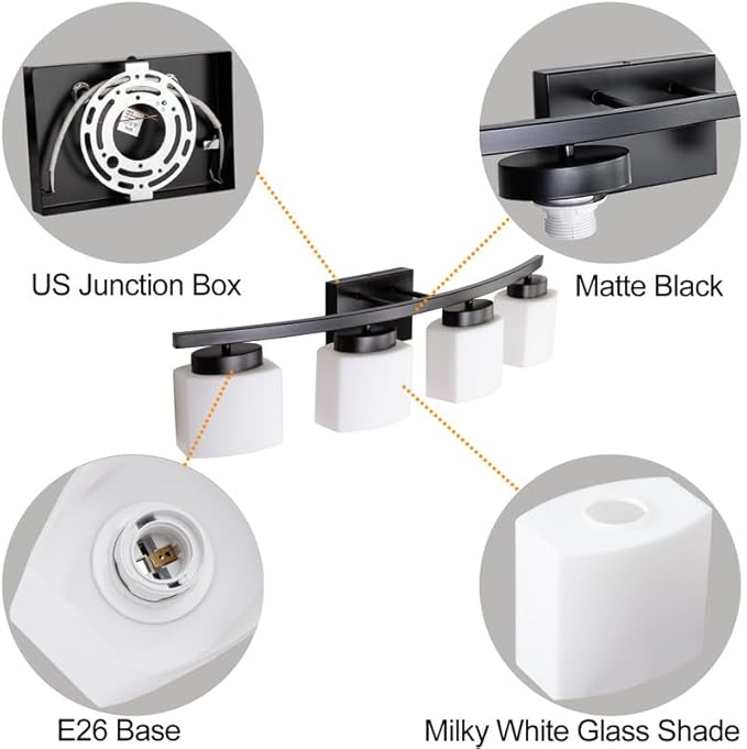 4-Light Matte Black Vanity Light Fixture with White Glass Shade for Bathroom Over Mirror, 31.5 Inches