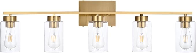 5 Light Bathroom Vanity Light Fixtures, Brushed Brass Modern Wall Lights with Clear Glass Shade, Vintage Wall Sconce Lighting for Living Room, Mirror, Bedroom, Hallway (Gold, 5-Lights)