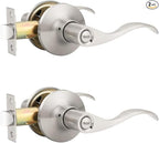Mengico 2 Pack Satin Nickel Privacy Door Lever, Modern Interior Door Knobs Locks for Bedroom and Bathroom, Heavy Duty Door Handle, Reversible Wave Lever Handle