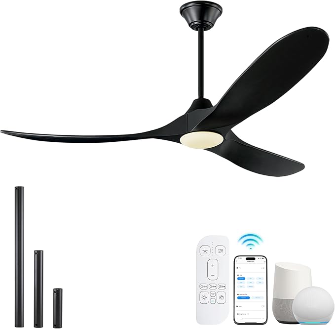60 inch Black Ceiling Fan with Lights, Outdoor Ceiling Fans for Patios Damp Rated, Large Airflow Smart Propeller Ceiling Fan Modern Wooden Ceiling Fans for Commercial Indoor Exterior House Porch