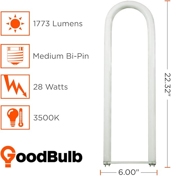 GoodBulb 28 Watt 6 Inch T8 Fluorescent U-Bend Light Bulb 3500K Neutral White Light Medium Bi-Pin Base High Output 1773 Lumens 28W 10000 Life Hours 80 CRI Pack of 10 Bulbs