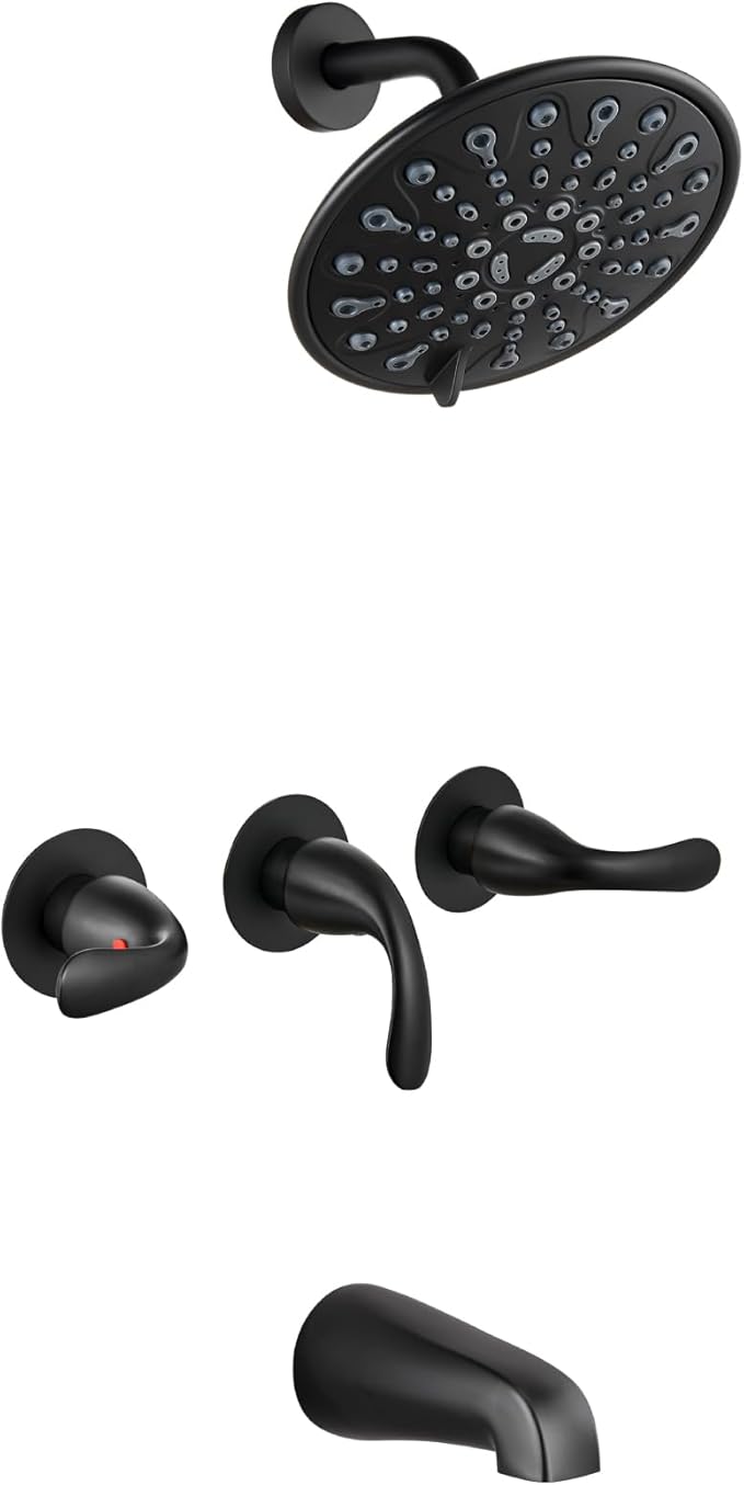 gotonovo 3 Handle Tub Shower Faucet Set, Bathtub Shower Fixture,Bathroom Tub and Shower Faucet Combo Shower System Complete Tub and Shower Trim Kit with 6 Settings Showerhead Matte Black