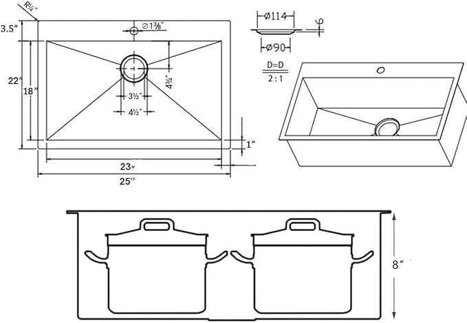 SHACO 25x22 Inch Drop In Kitchen Sink, Top Mount 16 Gauge 304 Stainless Steel 25 Inch Drop In RV Laundry Utility Sink, Brushed Nickel Single Bowl Sink Topmount Overmount Sinks with Drain