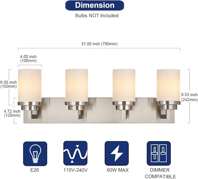 TODOLUZ Bathroom Vanity Light Fixture Over Mirror with Brushed Nickel, Modern 4-Lights Wall Sconces Lighting for Bedroom Living Room Opal White Glass Shades