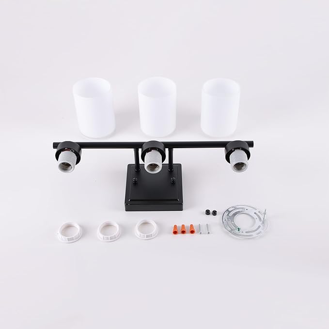 3 Light Bathroom Light Fixtures, 19.2 Inches Vanity Lights for Mirror, Black Vanity Lighting Fixtures with Milky White Glass Shades