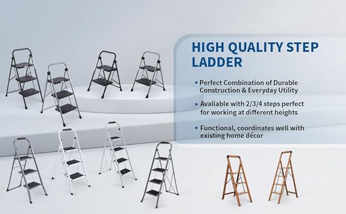 Step Ladders 4-Step Woodgrain Finish Aluminum Folding Step Stool Wide Pedal,Anti-Slip Portable Sturdy for Home & Kitchen Office 330 lbs