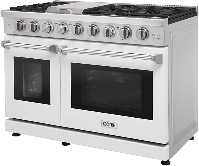 48 Inch Pro-Style Propane Gas Range with 6 Burners & 1 Griddle Cooktop, Double 4.6 cu. ft. and 2.2 cu. ft. Oven, in Stainless Steel - KOS-48RG03MLP (White)