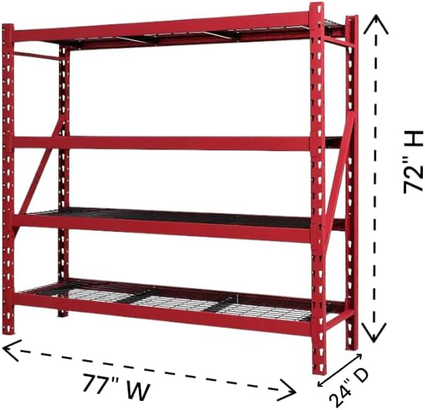 Heavy Duty Member Mark 4-Shelf Industrial Storage Rack, 77" W x 24" D x 72" H (Red, 1 Pack)