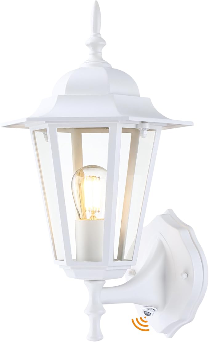 GRUENLICH Dusk to Dawn Outdoor Wall Sconce, Exterior Front Porch Lighting with Clear Glass, White Aluminum Outside Coach Light for Patio Doorway Garage, 1 Pack