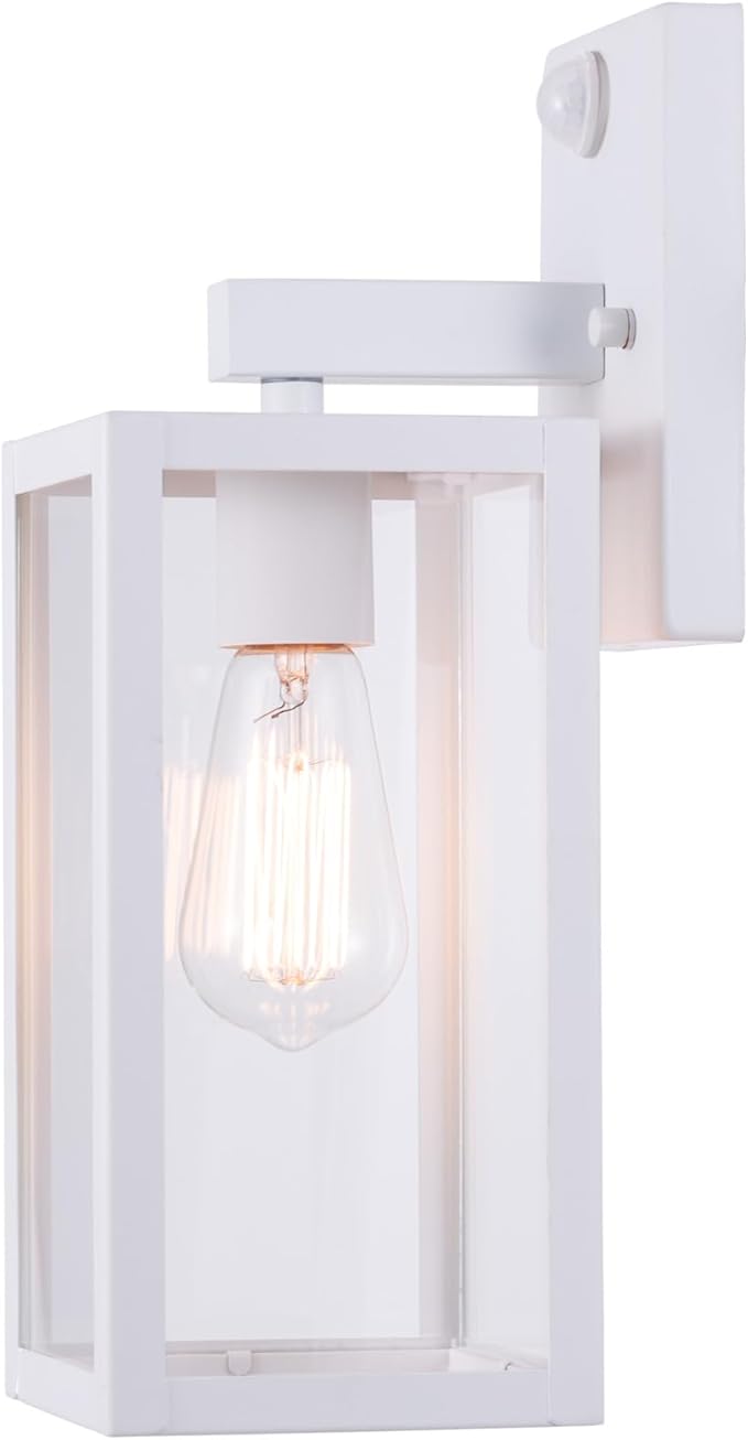 GRUENLICH Dusk to Dawn Large Outdoor Wall Lantern, PIR Motion Sensor Wall Sconce, E26 Base Max 60W, Metal Housing Plus Glass, White Finish, Bulb Not Included, 1-Pack