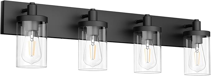 Aipsun Bathroom Vanity Light Farmhouse 4 Light Matte Black Vanity Lighting Fixtures with Clear Glass Shade(Exclude Bulb)