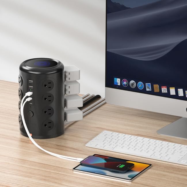Power Strip Tower Surge Protector with 16 Outlets and 5 USB Ports (2 USB-C), 15FT Extension Cord with Multiple Outlets,Heavy Duty Charging Station,Home Office Dorm Room Essentials.
