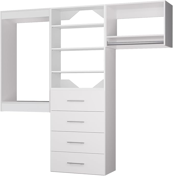 ROOMTEC Modular Closet System, 78" Wall Mounted Closet Organizer with Hanging Rods and Drawers, Modern Wooden Tower for Walk-In Closets, Wardrobe Storage Kit, White