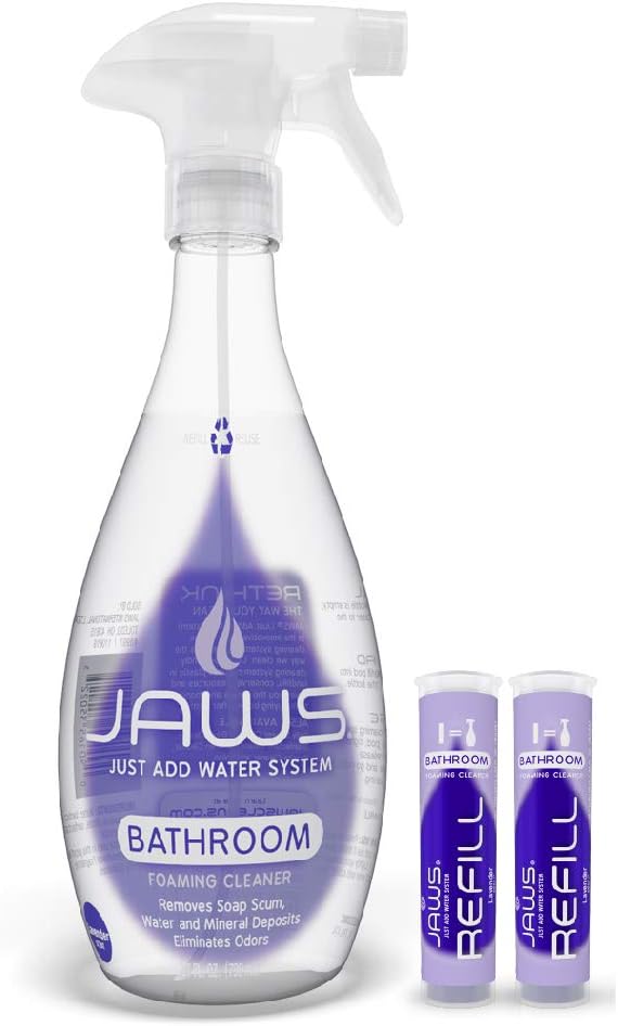 JAWS Foaming Bathroom Cleaner Bottle with 2 Refill Pods. Refillable Cleaning Supplies.