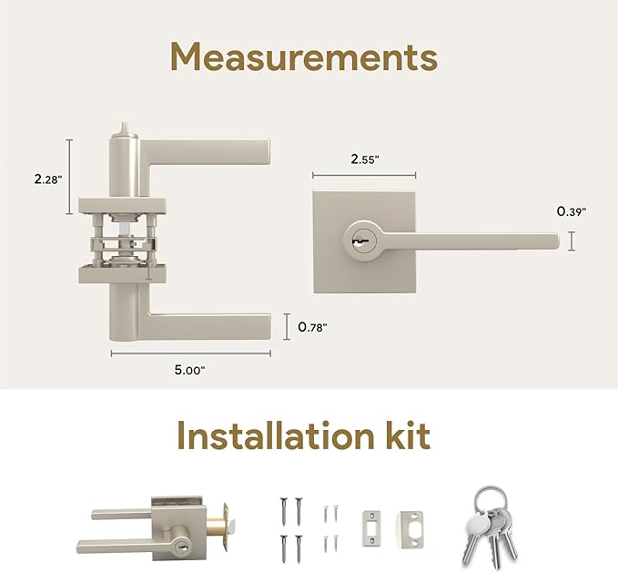 Mega Handles - Prime Entrance Handle, Entry Lever Door Handle, Heavy Duty Square Locking Lever Set for Left or Right-Handed Doors, Interior/Exterior Door Levers - Satin Nickel