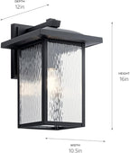 Kichler Capanna 16" Outdoor Wall Light in Black, 1-Light Exterior Wall Sconce Porch Light with Clear Water Glass, (16" H x 10.5"), 49926BKT