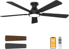 52 Inch Black Ceiling Fan with Light with Remote Control, Large Air Volume, modern ceiling fan with light for Bedroom Kitchen Dining room Patio- Flush Mount