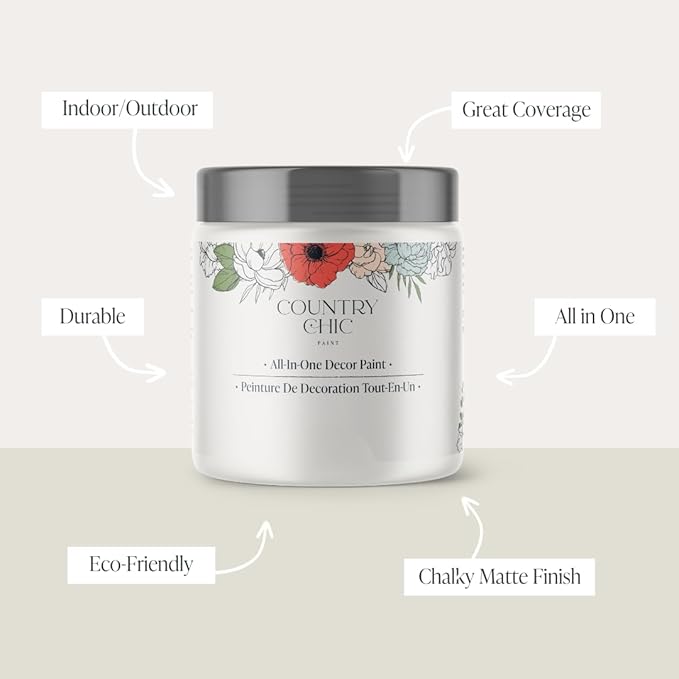 Country Chic All-in-One Chalk Paint for Furniture, Cabinets, Home Decor, Eco-Friendly, Matte Finish, Built-In Primer & Top Coat for Wood, Metal - Ethereal Mist (Light Grey) - Pint 16 oz (475 ml)