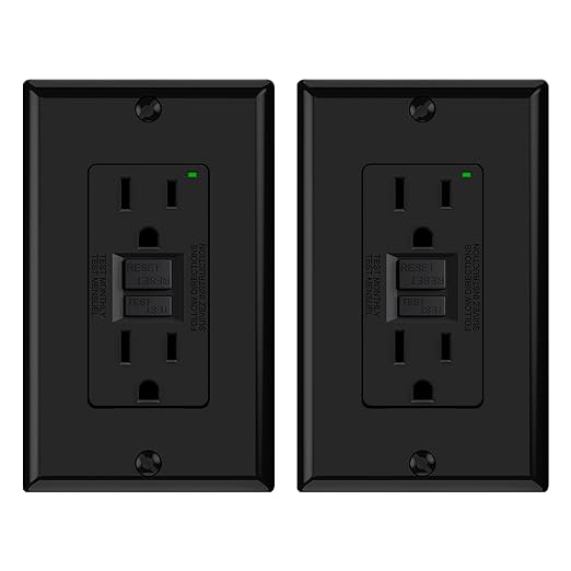 ELEGRP GFCI Outlet 15 Amp, Self-Test GFI Electrical Outlet with Narrow Design, GFCI Receptacle with LED Indicator, UL Listed, Black, Wall Plate Included, 2 Pack