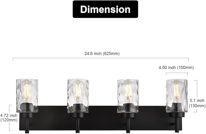 BONLICHT 4 Light Wall Vanity Bathroom Lights with Clear Hammered Glass in Black Finish,Modern Farmhouse Sconces Wall Lighting Fixtures Over Bath Makeup Mirror Industrial Wall lamp for Kitchen Hallway